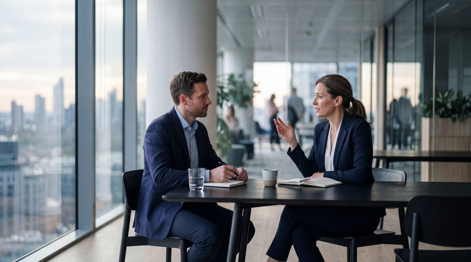 Two professionals in a strategy discussion